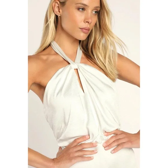 Lulus Adoring Angel Ivory Satin Wide-Leg Halter Jumpsuit Size Small - Picture 4 of 6